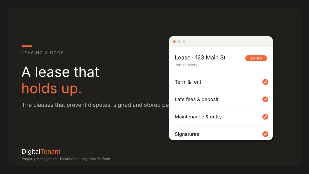 Lease checklist for 123 Main St covering term and rent, late fees and deposit, maintenance and entry, and signatures